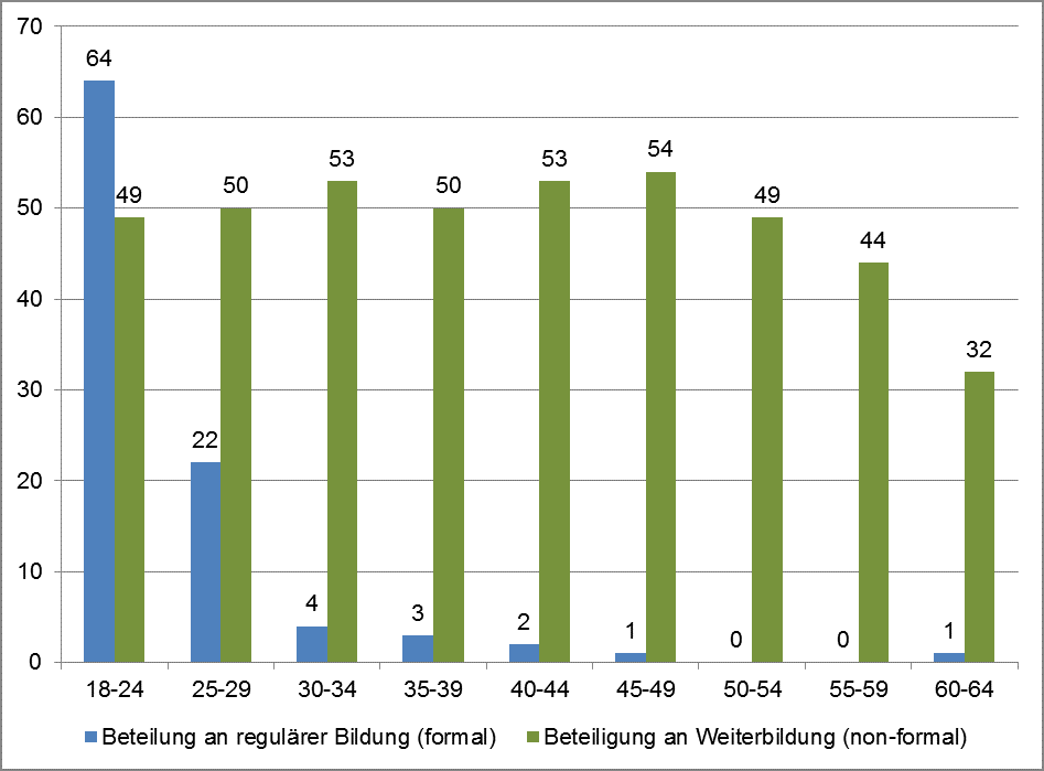 Säulendiagramm: Vergleich der Teilnahme verschiedener Altersgruppen an formaler Bildung und an non-formaler Weiterbildung im Jahr 2012. Die wichtigsten Inhalte werden im folgenden Text beschrieben.